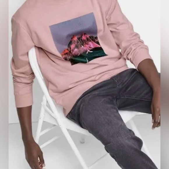Men’s Pullover Sweatshirt Top Mountain Landscape Print Original Use Size XS Pink - Picture 2 of 3